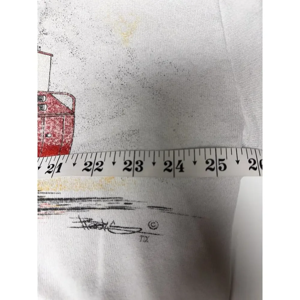 Vintage‎ Russell Fire Truck Sweatshirt XL USA Made White Graphic Crewneck